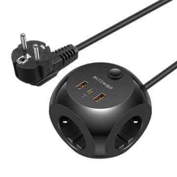 Blitzwolf omrežni polnilnik s 3 vtičnicami, BW-PC1, 2x USB, 1x USB-C, (črn)