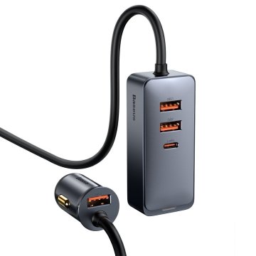 BASEUS Share Together avtomobilski polnilec s podaljškom, 3x USB, USB-C, 120 W (siv)