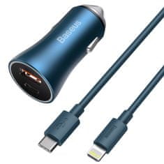 BASEUS Golden Contactor Pro avtomobilski polnilec, USB + USB-C, QC4.0+, PD, SCP, 40 W (modri) + kabel USB-C do Lightning, 1 m (modri)