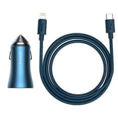 BASEUS Golden Contactor Pro avtomobilski polnilec, USB + USB-C, QC4.0+, PD, SCP, 40 W (modri) + kabel USB-C do Lightning, 1 m (modri)
