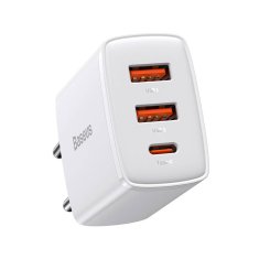 BASEUS Baseus kompaktni hitri polnilec, 2xUSB, USB-C, PD, 3A, 30W (bel)