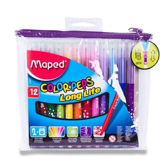 Maped Otroški flomastri Color'Peps Long Life 12 barv, etui z zadrgo