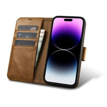 iCARER 2v1 usnjen etui z zaponko iPhone 14 Pro Max Anti-RFID Oil Wax Wallet Case svetlo rjava