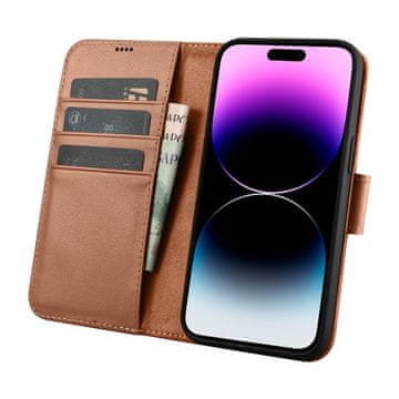 iCARER 2v1 usnjen etui z zaponko iPhone 14 Pro Max Anti-RFID Wallet Case rjava