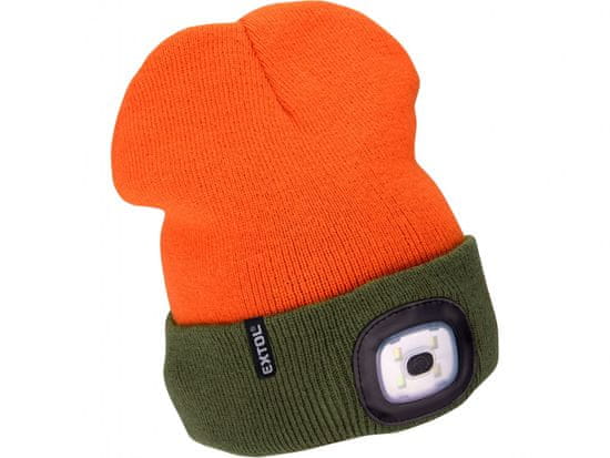 Extol Light kapa z naglavno svetilko 4x45lm, USB polnjenje, fluorescenčna oranžna/kaki zelena, dvostranski, univerzalna velikost