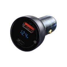 BASEUS Baseus Particular Digital Display avtomobilski polnilec z zaslonom, USB + USB-C, QC3.0+PD, 5A, 65W (siv) + USB-C 1m 100W kabel (črn)