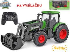Kids Globe Otroški globus R/C traktor zelene barve 27 cm s sprednjim nakladalnikom na baterije z 2,4 GHz lučjo
