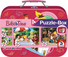 Schmidt Puzzle Bibi in Tina 4v1 v pločevinasti škatli (100, 100, 150, 150 kosov)