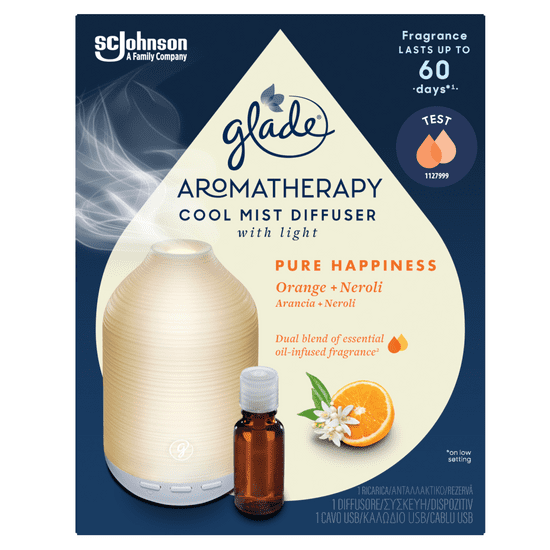 Glade Aromatherapy Cool Mist difuzor, z osvetlitvijo, Pure Happiness, pomaranča in neroli
