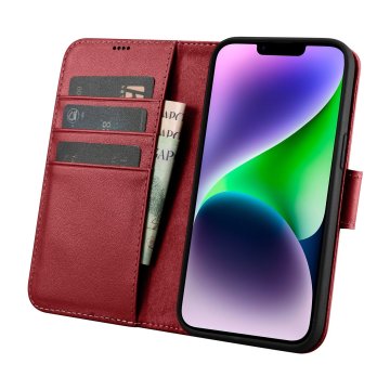 iCARER 2v1 usnjen etui z zaponko iPhone 14 Plus Anti-RFID Wallet Case rdeč