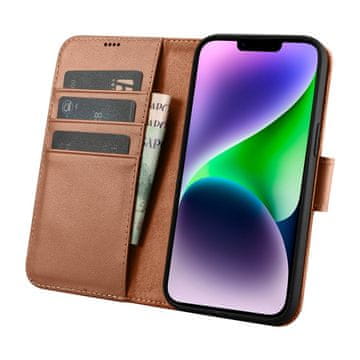 iCARER 2v1 usnjen etui z zaponko iPhone 14 Anti-RFID Wallet Case rjava