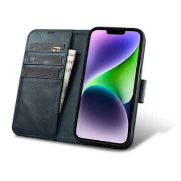 iCARER 2v1 usnjen etui z zaponko iPhone 14 Anti-RFID Oil Wax Wallet Case modri