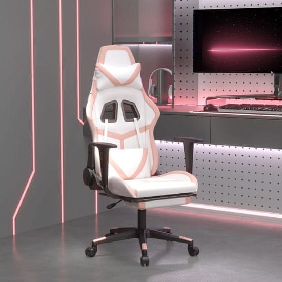 Greatstore Gaming stol z oporo za noge belo in roza umetno usnje