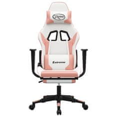 Vidaxl Gaming stol z oporo za noge belo in roza umetno usnje