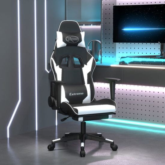 Vidaxl Gaming stol z oporo za noge črno in belo umetno usnje