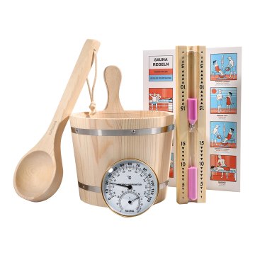 Topsauna Savna set - vedro 5 L, zajemalka, termometer z higrometrom, peščena ura, Bor