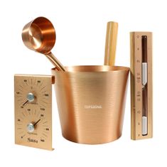 Topsauna Savna set - Vedro, zajemalka, termometer z higrometrom, peščena ura, les/aluminij - baker
