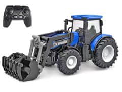 Kids Globe R/C traktor modre barve 27 cm s sprednjim nakladalnikom, baterijski z 2,4GHz lučjo