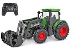 Kids Globe R/C traktor zelene barve 27 cm s sprednjim nakladalnikom, baterijski z 2,4GHz lučjo