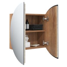 Greatstore Kopalniška omarica z okroglim ogledalom LED hrast 47x47x17,5 cm