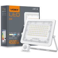 VIDEX Reflektor LED svetilka 50W 4500lm 5000K IP65 bela s senzorjem gibanja in mraka