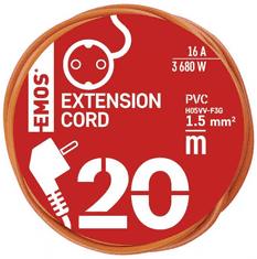 Emos P01220R podaljšek 20 m, 1 vtičnica, oranžni, PVC, 240 V, 1,5 mm2