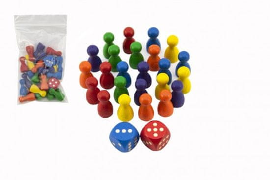 DETOA Lesene figure 25mm 24 kosov 6 barv + 2 kocki namizna igra v vrečki 7x13cm