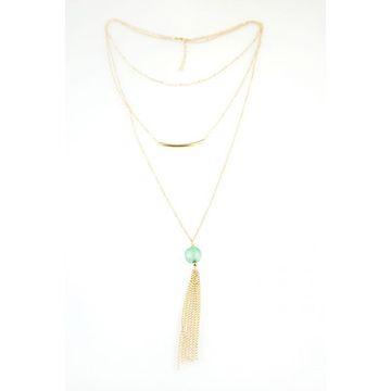 Flamenco Mystique Trojni Zlati Ogrlica z Zelenimi Biseri, Dolžina 45 cm, Dolžina visečega elementa 7 cm