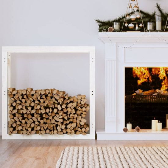 Vidaxl Stojalo za drva belo 100x25x100 cm trdna borovina
