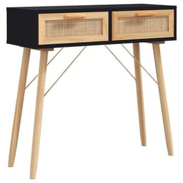Vidaxl Konzolna mizica črna 80x30x75 cm borovina in naravni ratan
