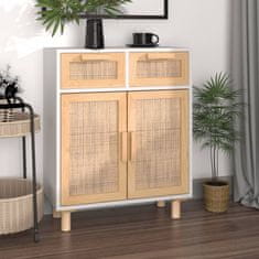 Vidaxl Komoda bela 60x30x75 cm trdna borovina in naravni ratan