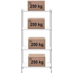 Royal Catering Delavniški regal iz kromirane žice, 4 police + 4 podloge za 1 t 1000 kg 90x45x180 cm