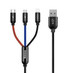 BASEUS Tri osnovne barve 3v1 USB - micro USB / Lightning / USB-C kabel z najlonsko pletenico 3,5 A 1,2 M črn (CAMLT-BSY01)