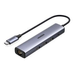 Ugreen Večnamenski adapter HUB USB Type C - 3 x USB / Ethernet RJ-45 / USB Type C PD siva (CM475)