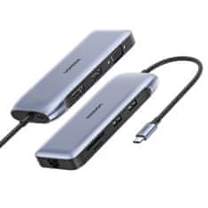 Ugreen Večnamenski HUB 9v1 USB tipa C - HDMI, DP, VGA, 2 x USB, RJ45 Ethernet, bralnik kartic SD/TF, USB Type C PD 100W siva (CM274)