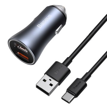 BASEUS Hitri avtomobilski polnilnik 2x USB 40W QC SCP FCP AFC + kabel USB-C siv