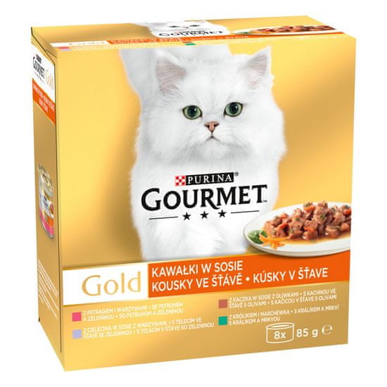 Gourmet Gold mačje konzerve, Multipack 12x (8x 85 g) – koščki v soku z zelenjavo