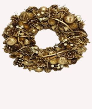 Okrasni, božični, adventni, venec 28 cm, NARAVNI, mešanica barv. zlata prevladuje b,