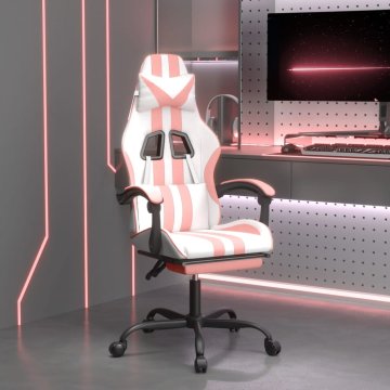 Vidaxl Vrtljivi gaming stol z oporo za noge belo in roza umetno usnje