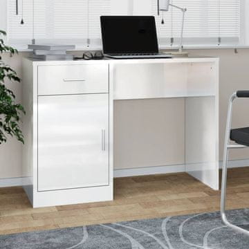 Vidaxl vidaXL Pisalna miza s predalom in omarico, sijajno bela, 100x40x73 cm
