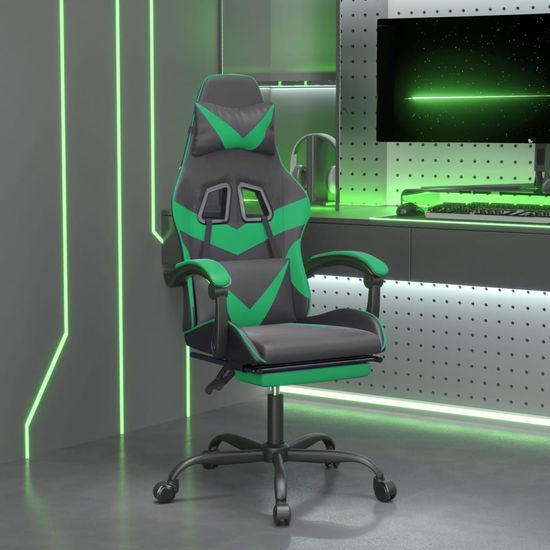 Greatstore Vrtljiv gaming stol z oporo za noge črno in zeleno um. usnje