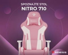 Genesis Nitro 710 gaming stol, ergonomski, nastavljiv, 2D nasloni, kolesa CareGlide, roza-bel