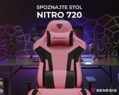 Genesis Nitro 720 gaming stol, ergonomski, nastavljiv, 3D nasloni, kolesa CareGlide, roza-črn