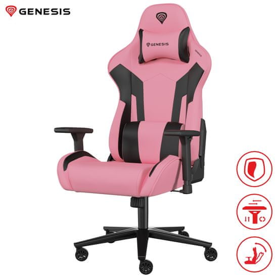 Genesis Nitro 720 gaming stol, ergonomski, nastavljiv, 3D nasloni, kolesa CareGlide, roza-črn