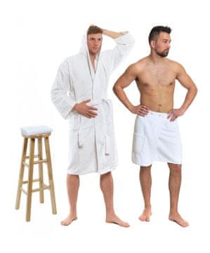 Interkontakt Komplet White: kopalni plašč s kapuco + moški kilt za savno + kopalna brisača