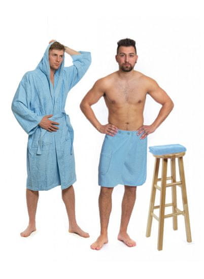 Interkontakt Svetlo modri komplet: kopalni plašč s kapuco + moški kilt za savno + kopalna brisača