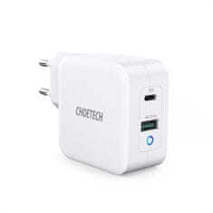 Choetech GaN USB tipa C PD USB-A QC3.0 hitri polnilec 65W 3,25A bela