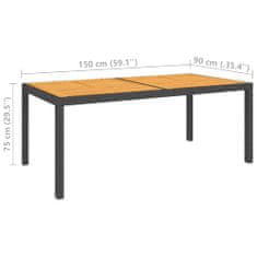 shumee Vrtna miza 150x90x75 cm poli ratan in akacijev les črna