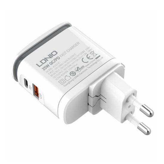 LDNIO A2423C omrežni polnilnik s funkcijo osvetlitve, USB + USB-C, PD + QC 3.0, 25 W (bela)