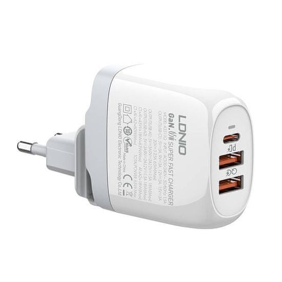 LDNIO GaN A3511Q omrežni polnilnik, 2x USB + USB-C, 65W (bela)